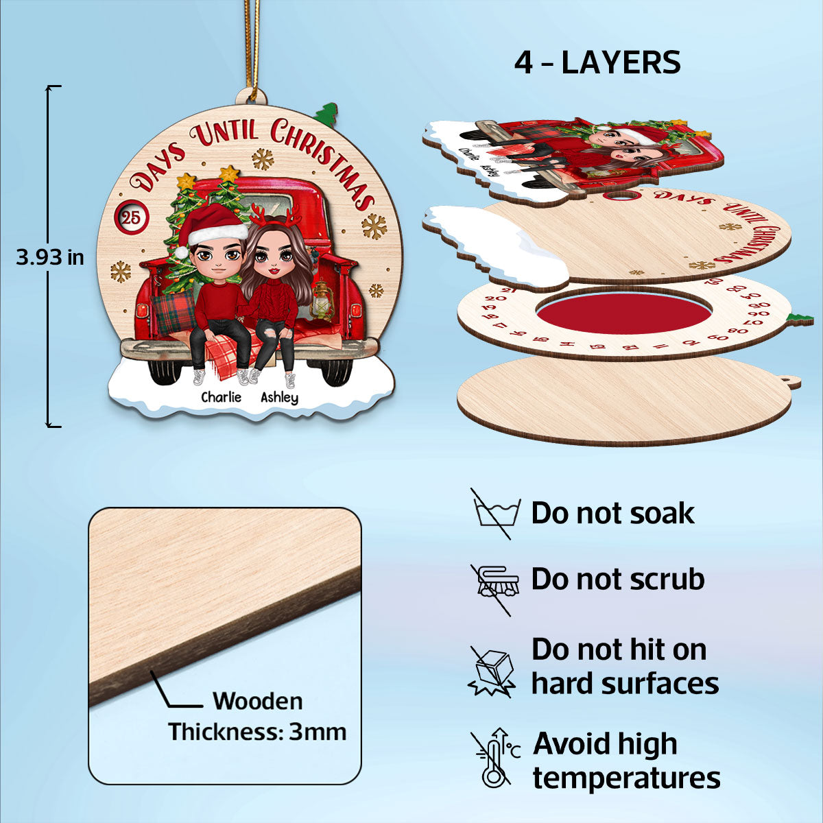 Family Couple On Christmas Truck Personalized Wooden Countdown Ornament