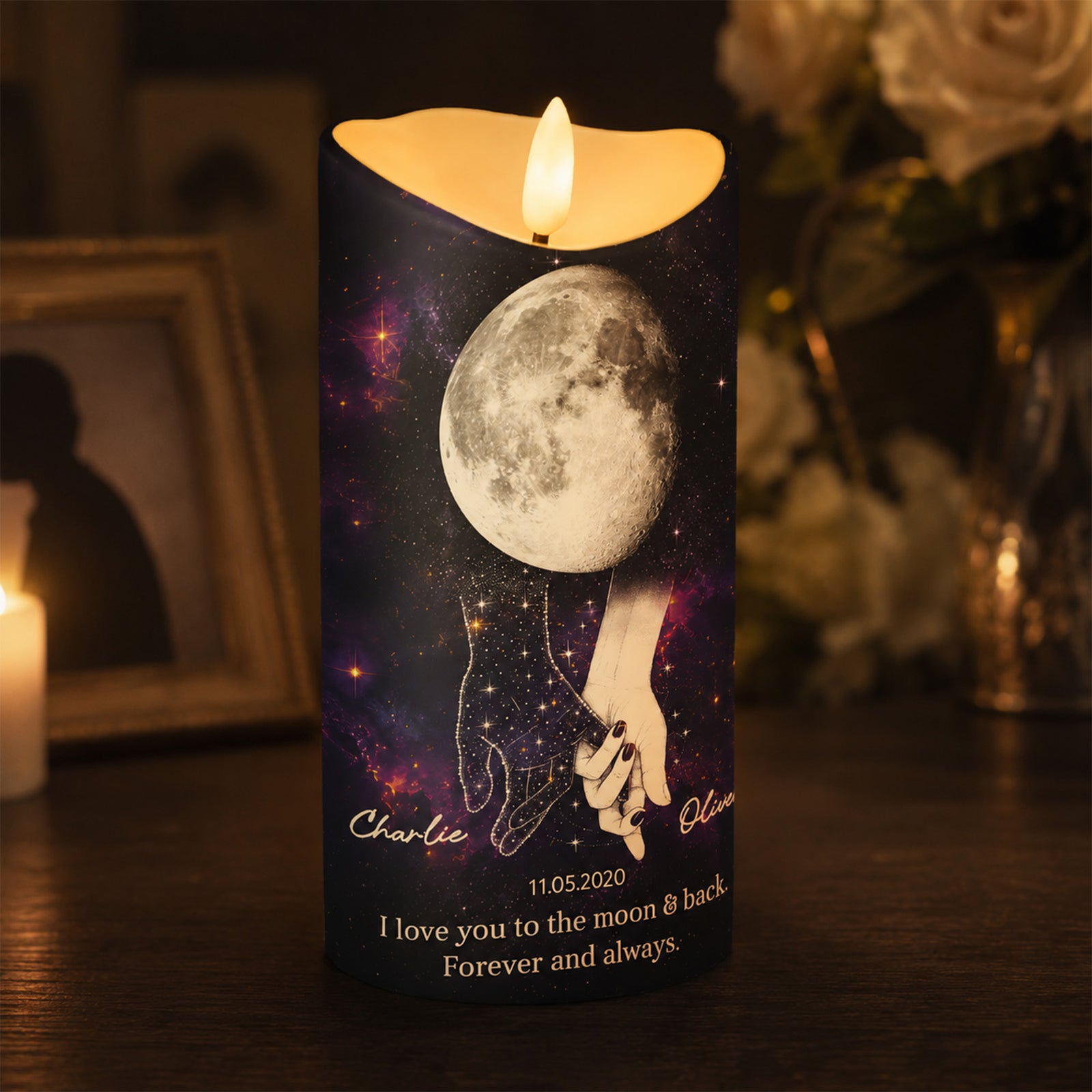 Lost Loved One Holding Hands Moon Phase - Personalized LED Candle - Memorial Gift, Remembrance Keepsake