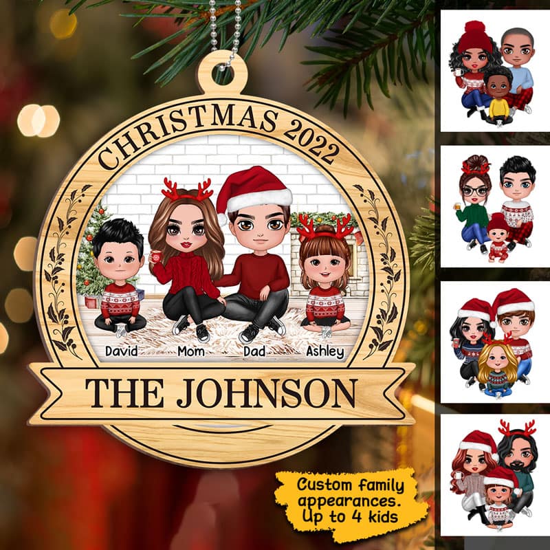 Family Christmas Wreath 2022 Personalized Wooden Ornament
