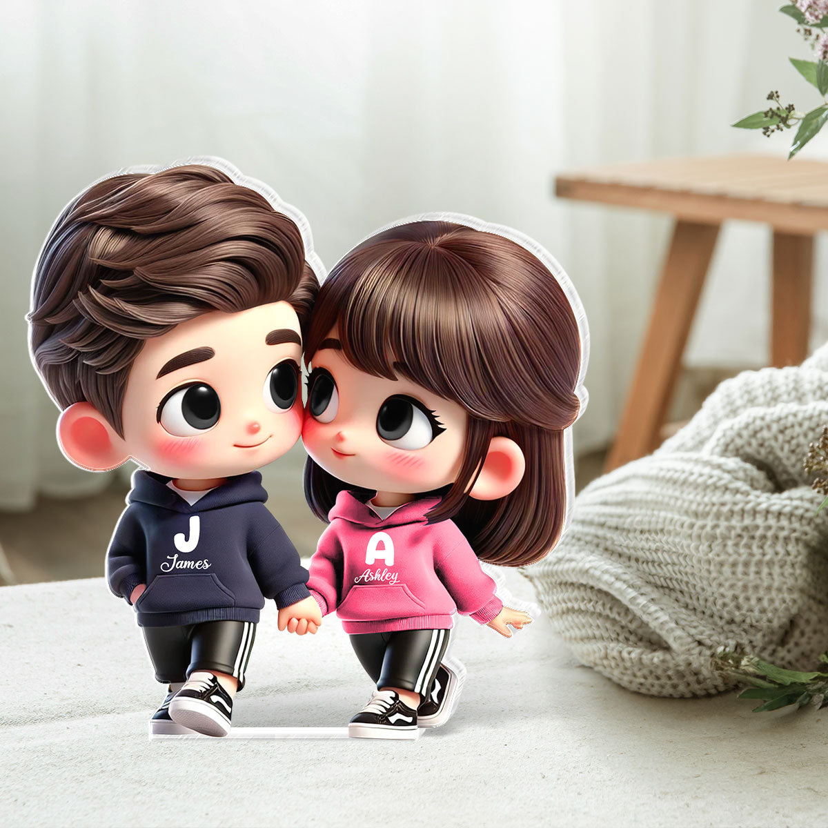 3D Effect Cute Cartoon Couple Holding Hands Personalized Acrylic Block Plaque, Anniversary &  Gift for him, Gift for her