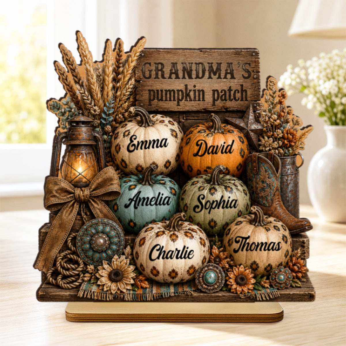 Western Leopard Grandma's Pumpkin Patch - Personalized 2-Layered Wooden Plaque - Fall Halloween Decor for Grandma