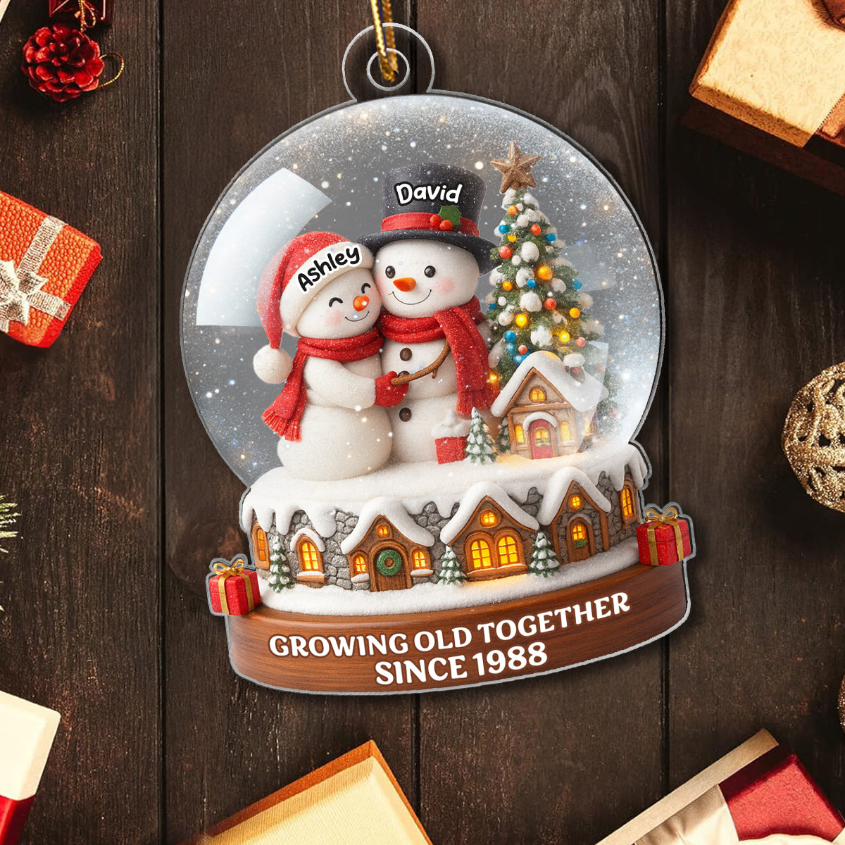 Snow Globe Snowman Couple Growing Old Together Personalized Acrylic Ornament, 3D Effect, Christmas Gift for him, Gift for her