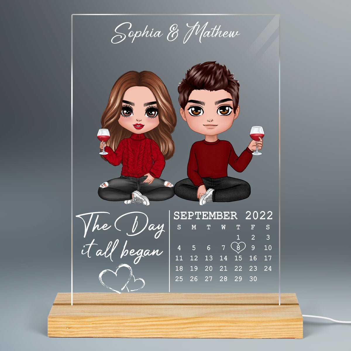 The Day It All Began Doll Couple Sitting Personalized Rectangle Acrylic Plaque With LED Night Light - Anniversary Gift For Couple - Gift For Him - Gift For Her