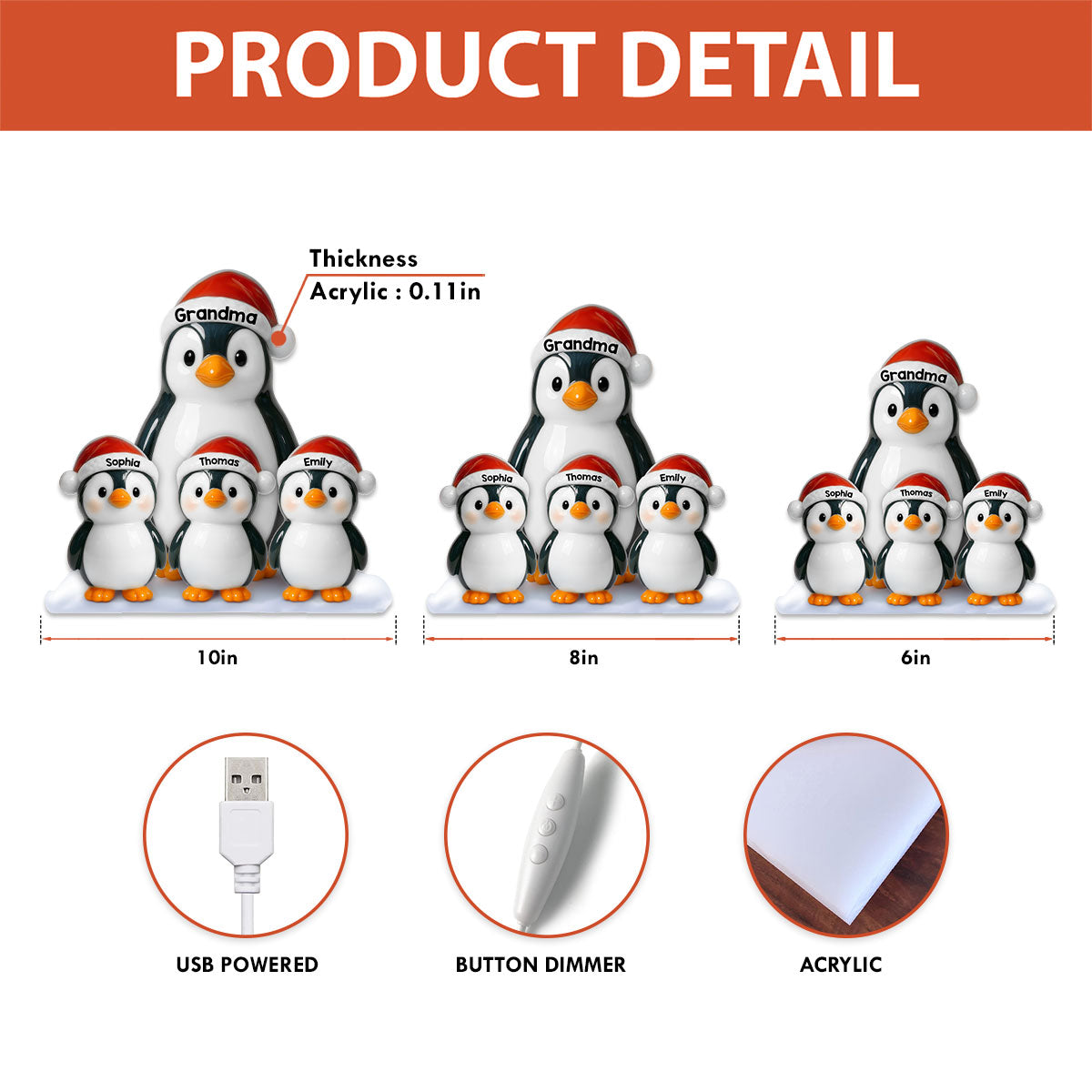 3D Effect Cute Christmas Penguins Grandma & Grandkids - Personalized Light Box
