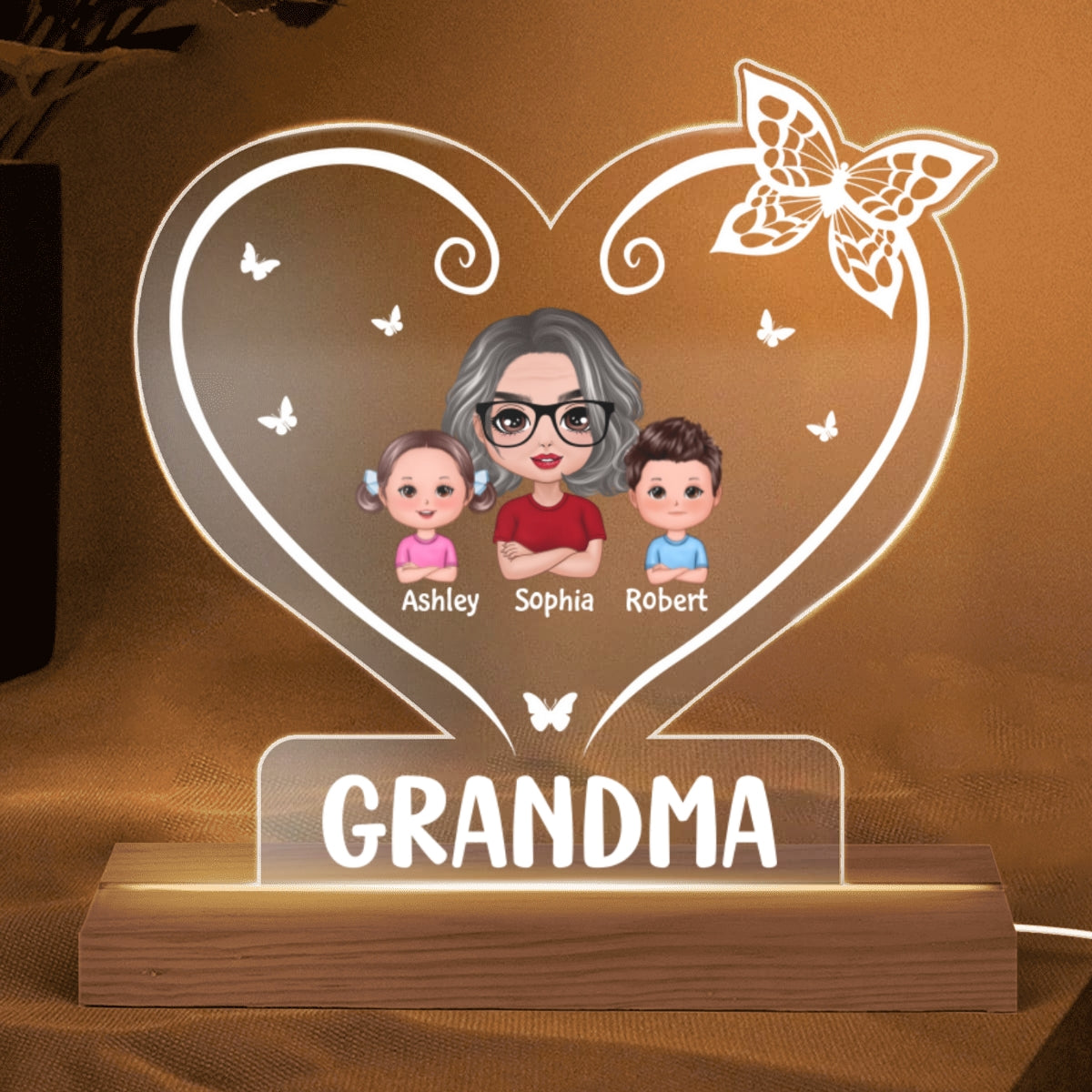 Doll Grandma Grandkids Heart Butterfly Personalized Custom Shape LED Night Light