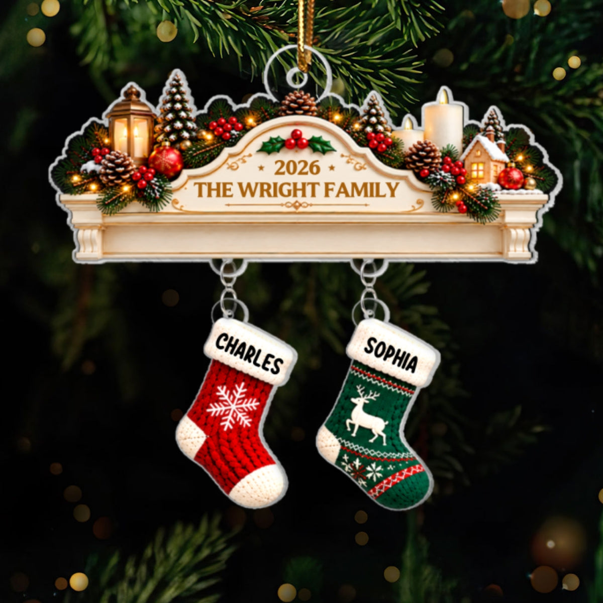 Family Christmas Stockings Mantel - Personalized Acrylic Ornament With Hanging Pieces - Christmas Keepsake for Family