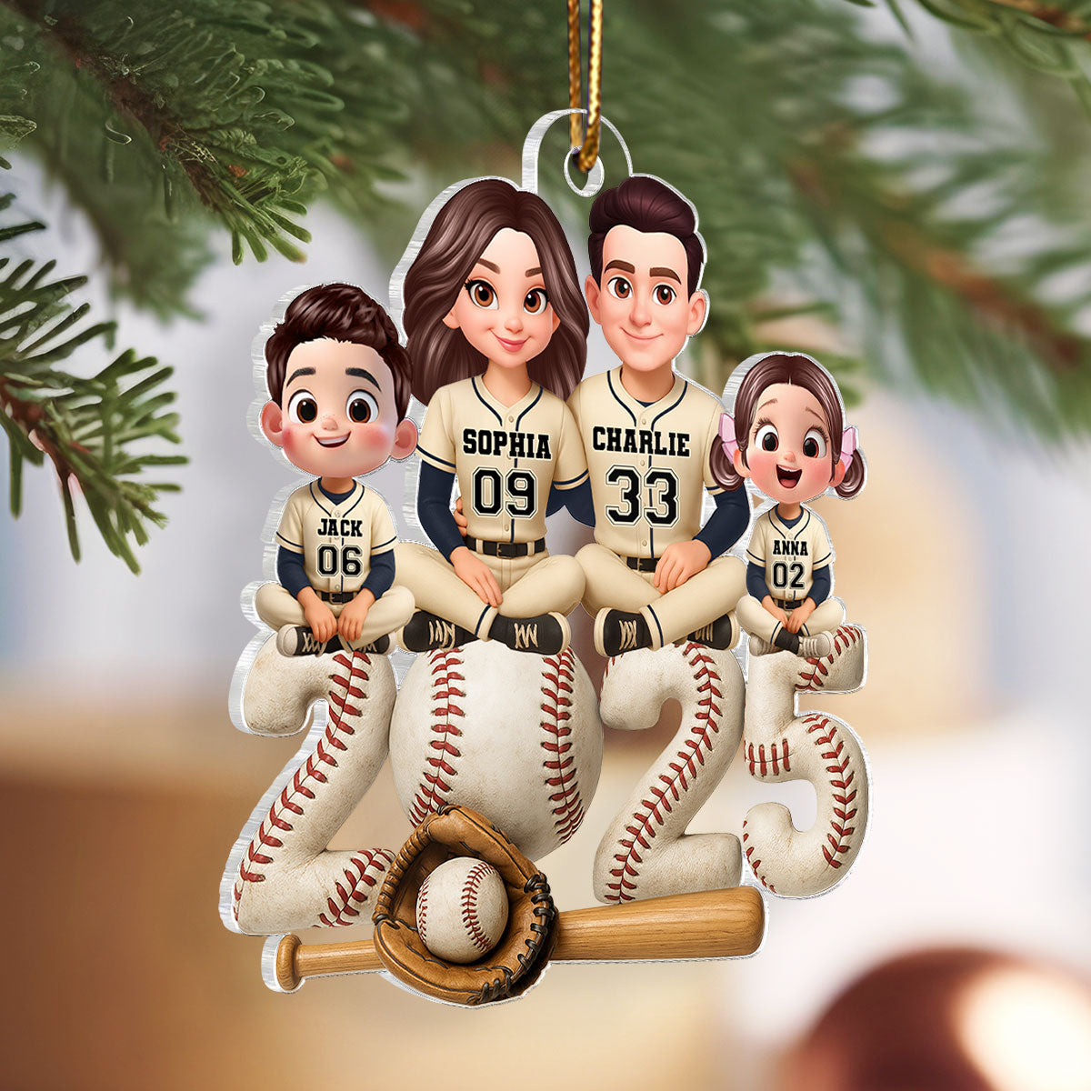 3D Effect Christmas Baseball Team Family - Personalized Acrylic Ornament
