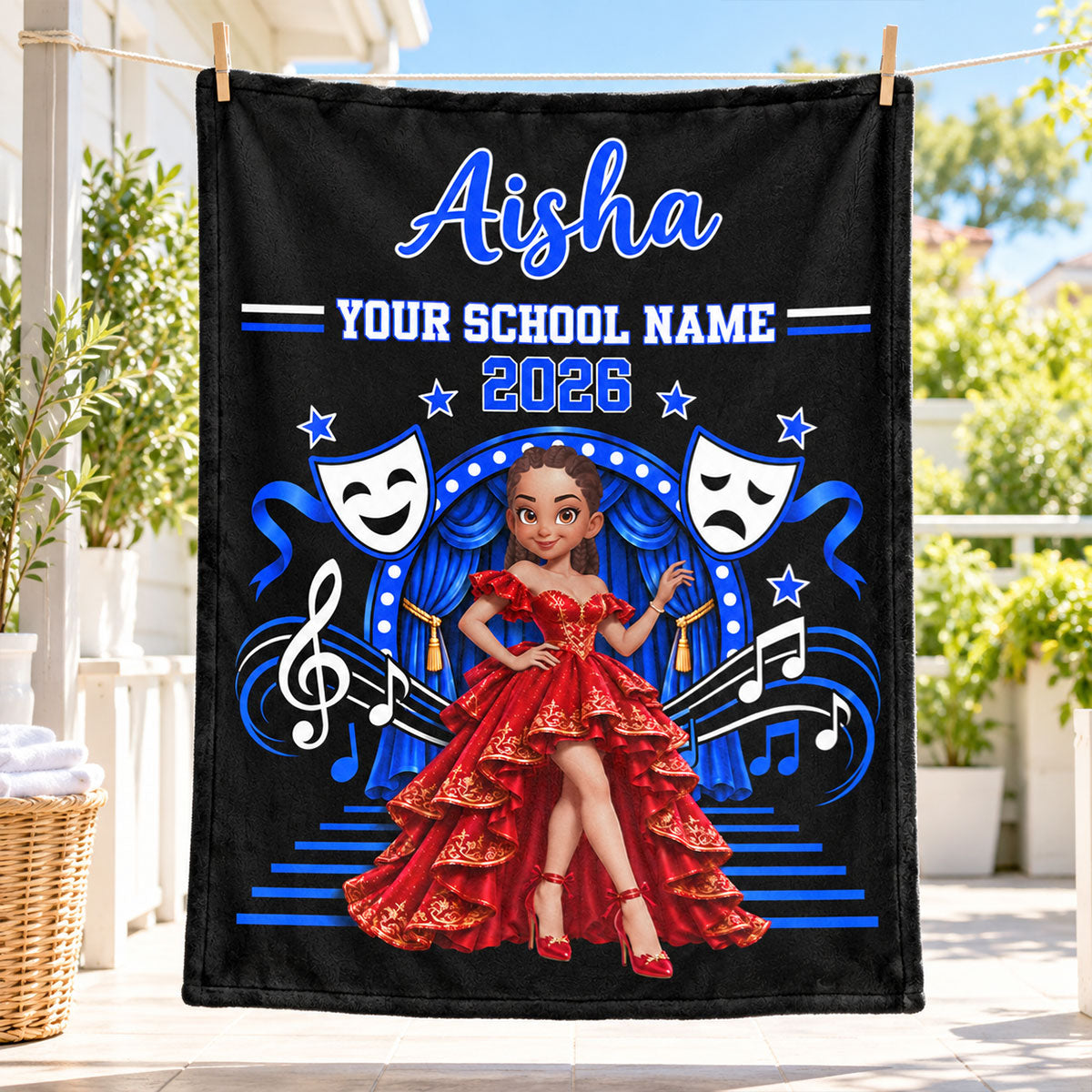 Theater Drama Club Girl Custom Name & School Name - Personalized Fleece Blanket - Graduation Gift For Musical Theater Girls, High School Theater Students, Daughter, Granddaughter