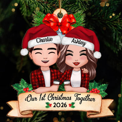 Our First Christmas Couple Holding Drink Personalized Wooden Ornament