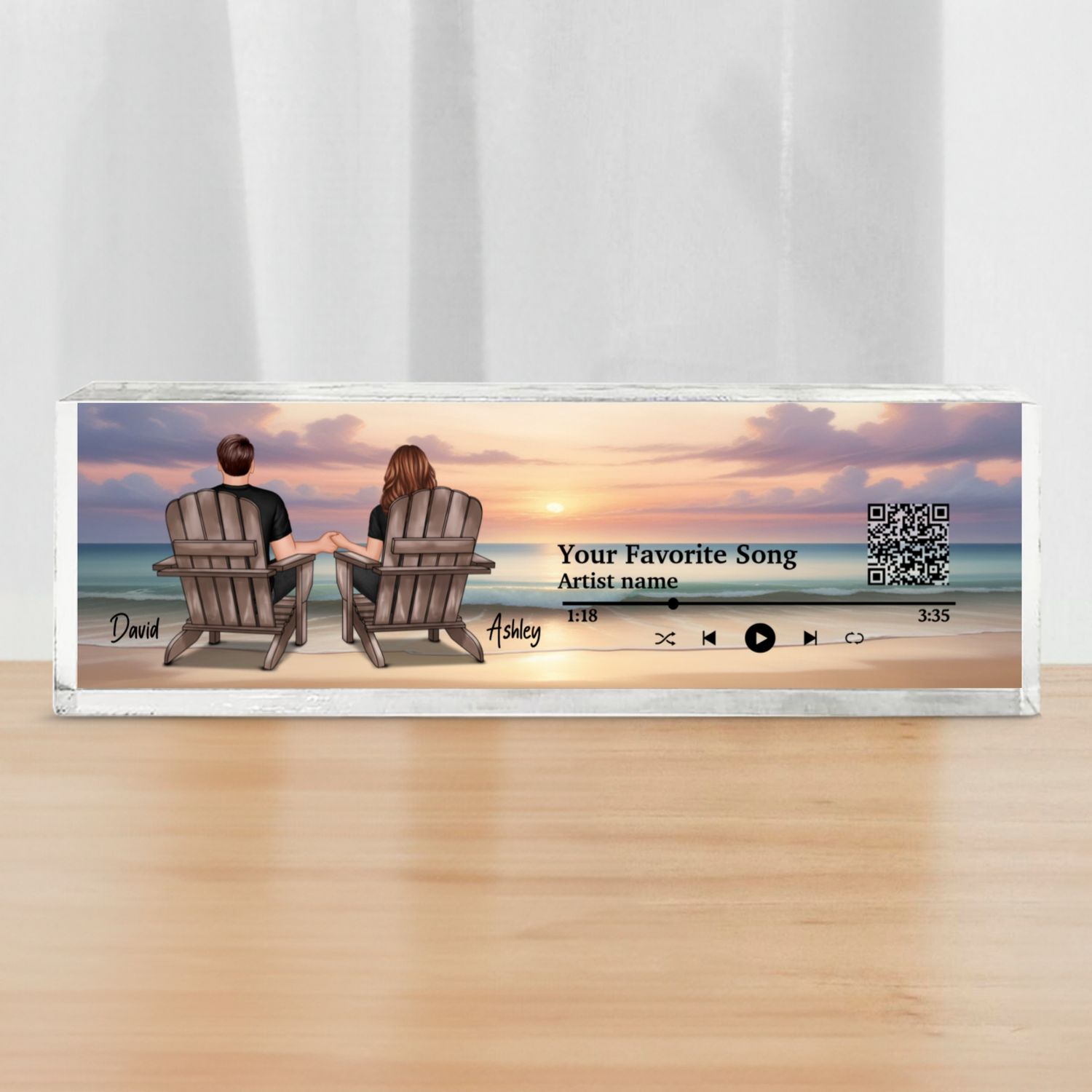 Couple Back View At Beach Favorite Song QR Code Personalized Acrylic Desk Block Plaque