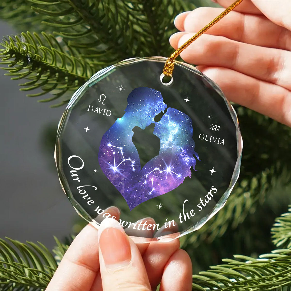 Our Love Was Written In The Stars Hugging Couple Personalized Zodiac Sign Glass Ornament, Birthday Christmas Wedding Gift For Couple, Girlfriend, Boyfriend, Astrology Lovers