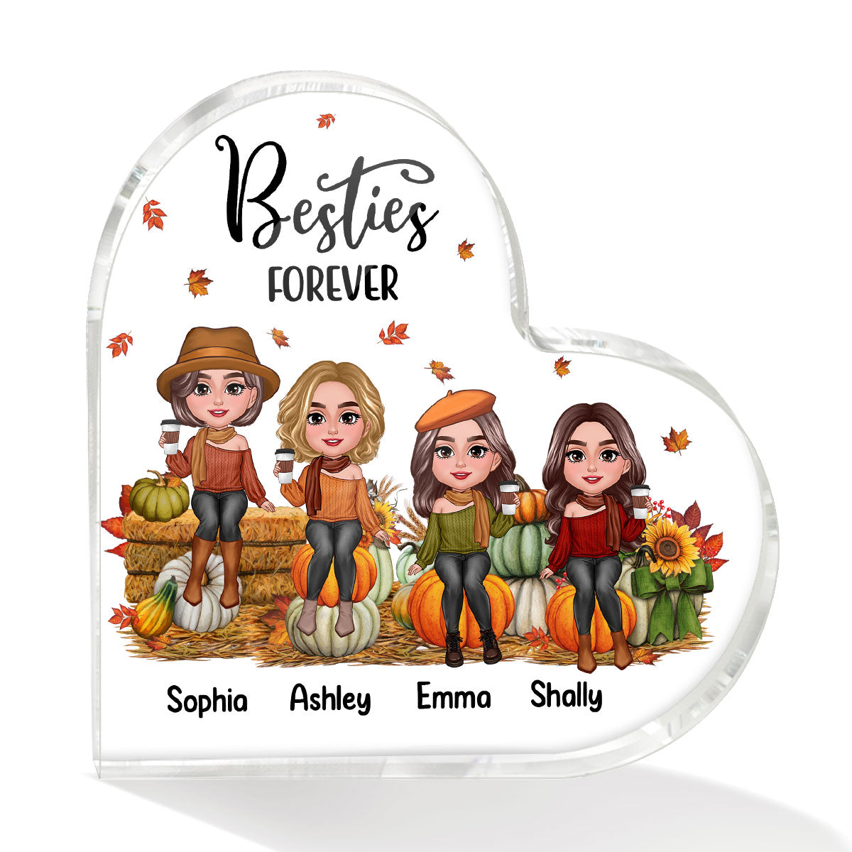Fall Season Best Friends Sisters Sitting On Pumpkins Personalized Acrylic Heart Plaque