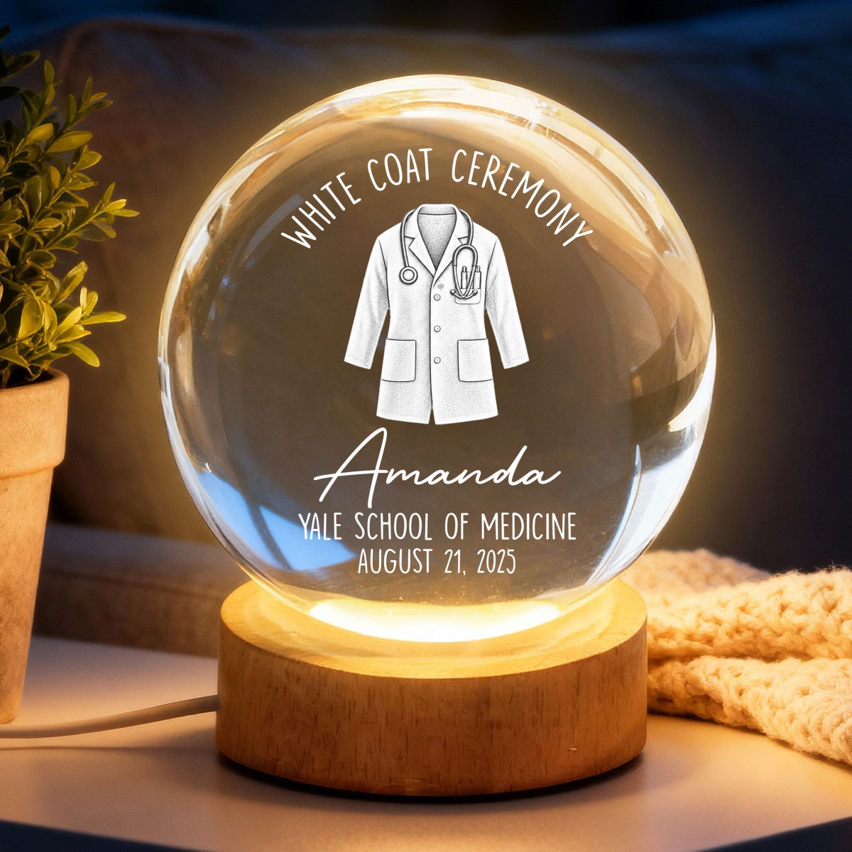 White Coat Ceremony - Personalized Crystal Ball – Custom Name Medical School Graduation, Gift for Doctor, Med Student & Future Physician