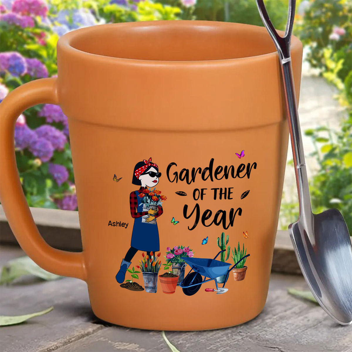 Gardener Of The Year Funny Cartoon Plant Lady Personalized Plant Pot Ceramic Mug