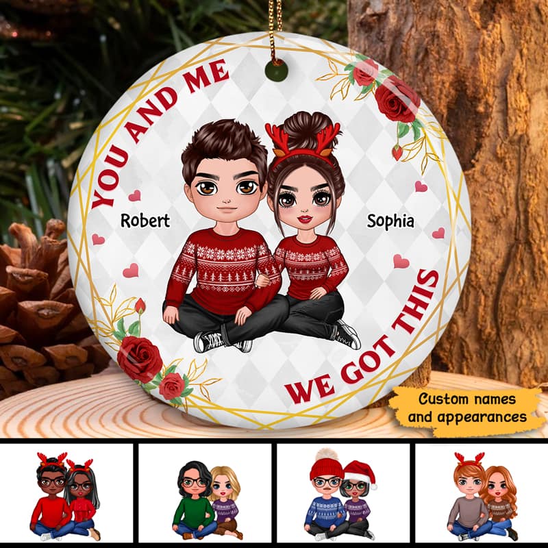 Doll Couple Embracing Floral Frame Personalized Circle Ornament