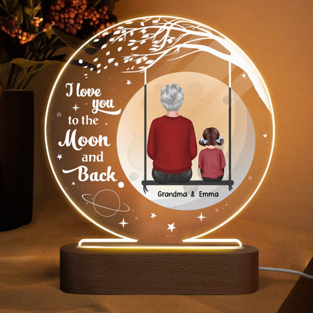 Grandma Grandkid On Swing Big Moon Personalized Circle Acrylic Plaque With LED Night Light
