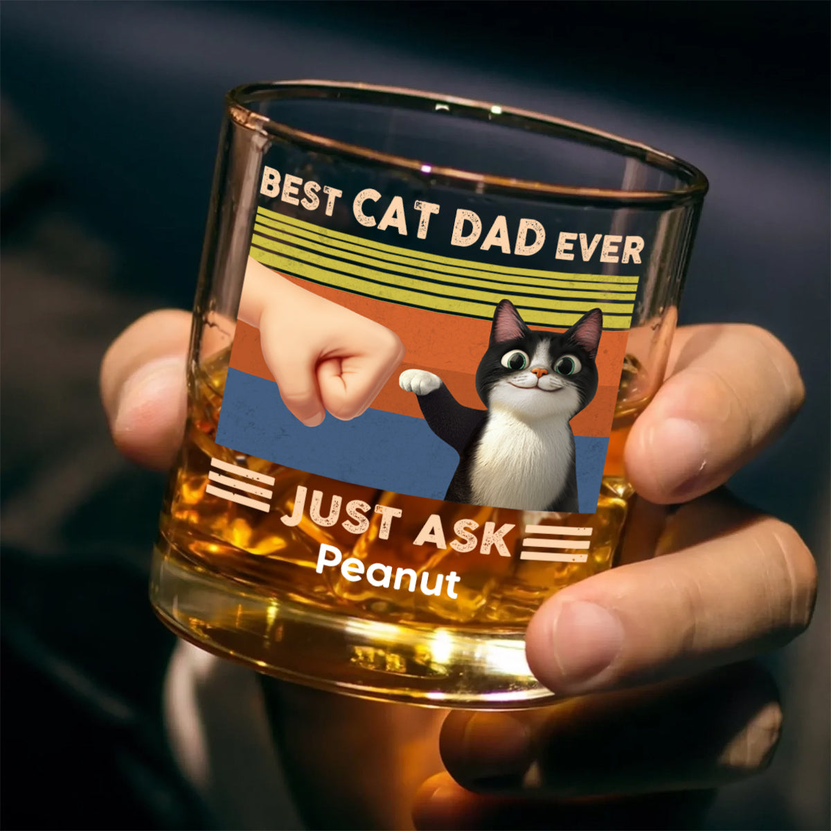 Best Cat Dad Cute Cartoon Cats Personalized Whiskey Glass, Father's Day Gift for Cat Dads