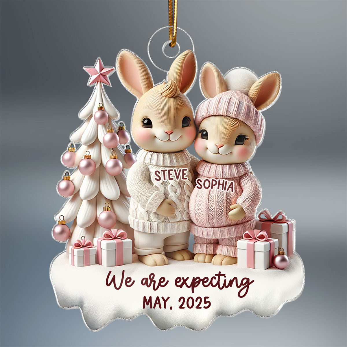 3D Effect Bunny Couple Pregnant Expecting New Baby Christmas Personalized Acrylic Ornament, Pregnancy Announcement Keepsake