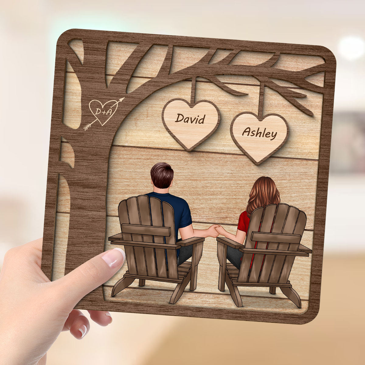 Back View Couple Sitting Under Tree Valentine‘s Gift For Him For Her Personalized 2-Layer Wooden Plaque