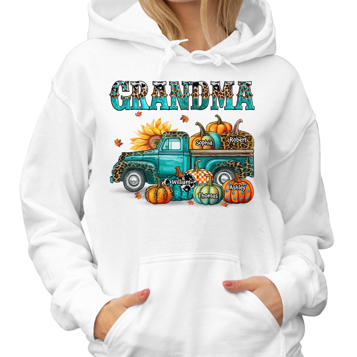 Fall Season Grandma Mom Teal And Leopard Patterned Pumpkins Truck Personalized Shirt