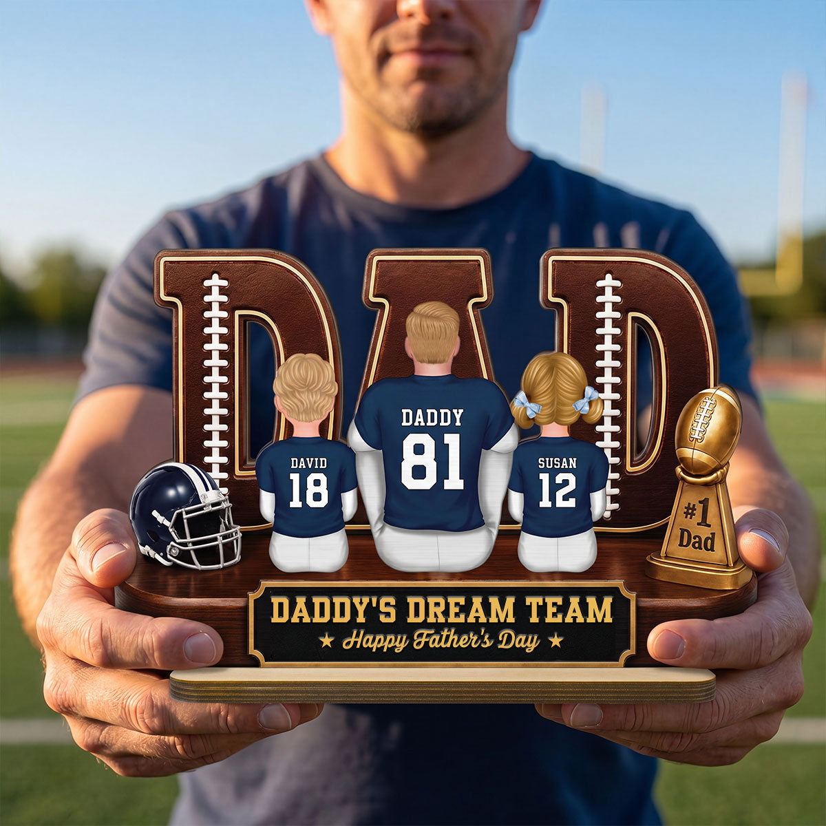 American Football Dad Legend Daddy's Dream Team - Personalized 2-Layered Wooden Plaque - Unique Trending Father's Day Gift For Dad, Husband, Football Fans
