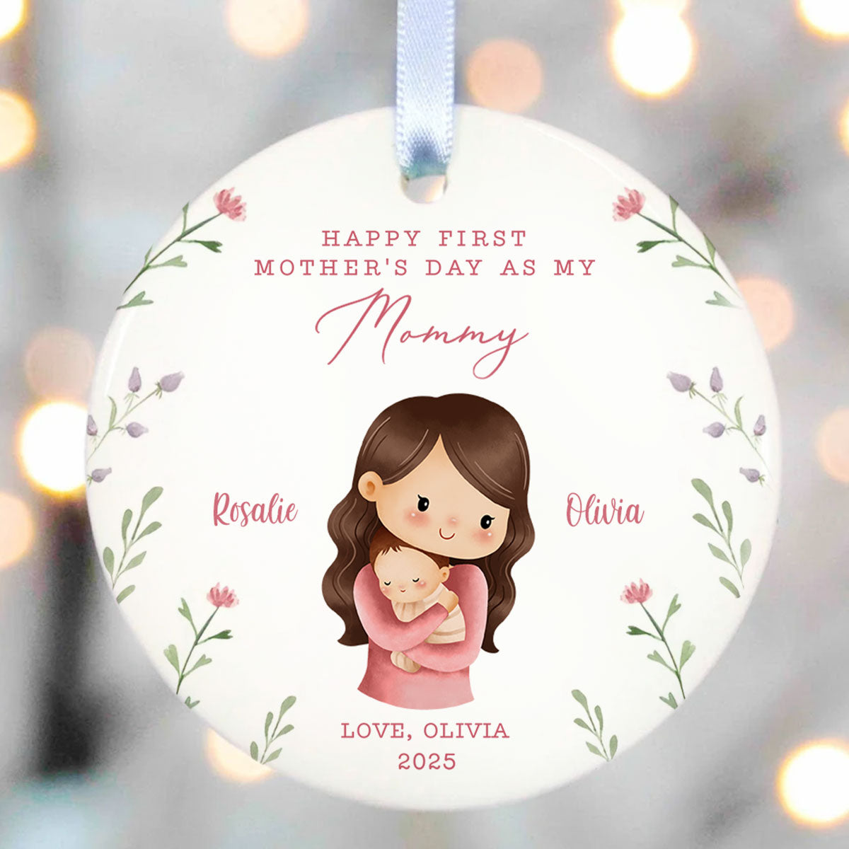 Watercolor Cute Mom Grandma Baby Happy First Mother's Day Personalized Circle Ceramic Ornament