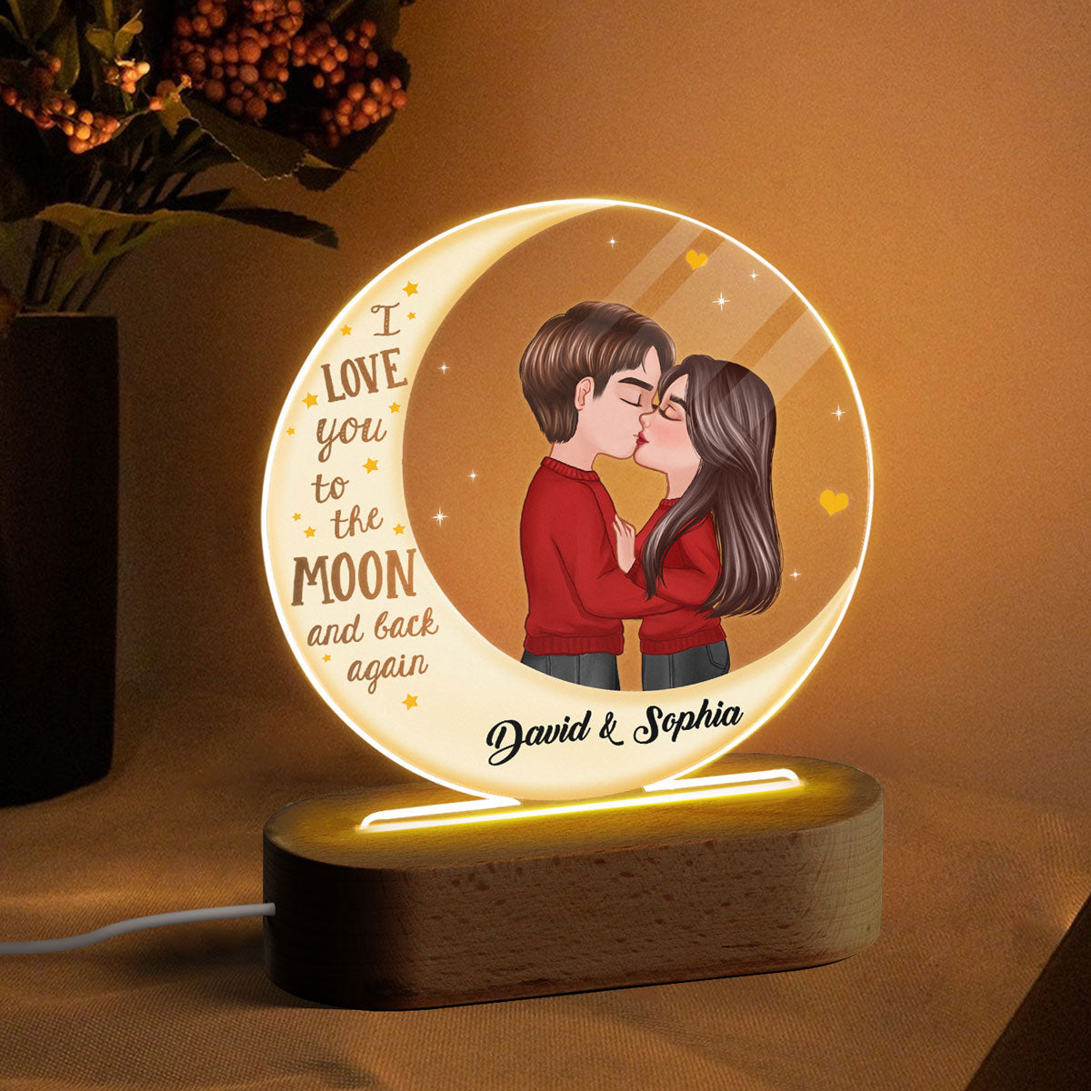 Couple Love To The Moon Personalized Circle Plaque LED Night Light