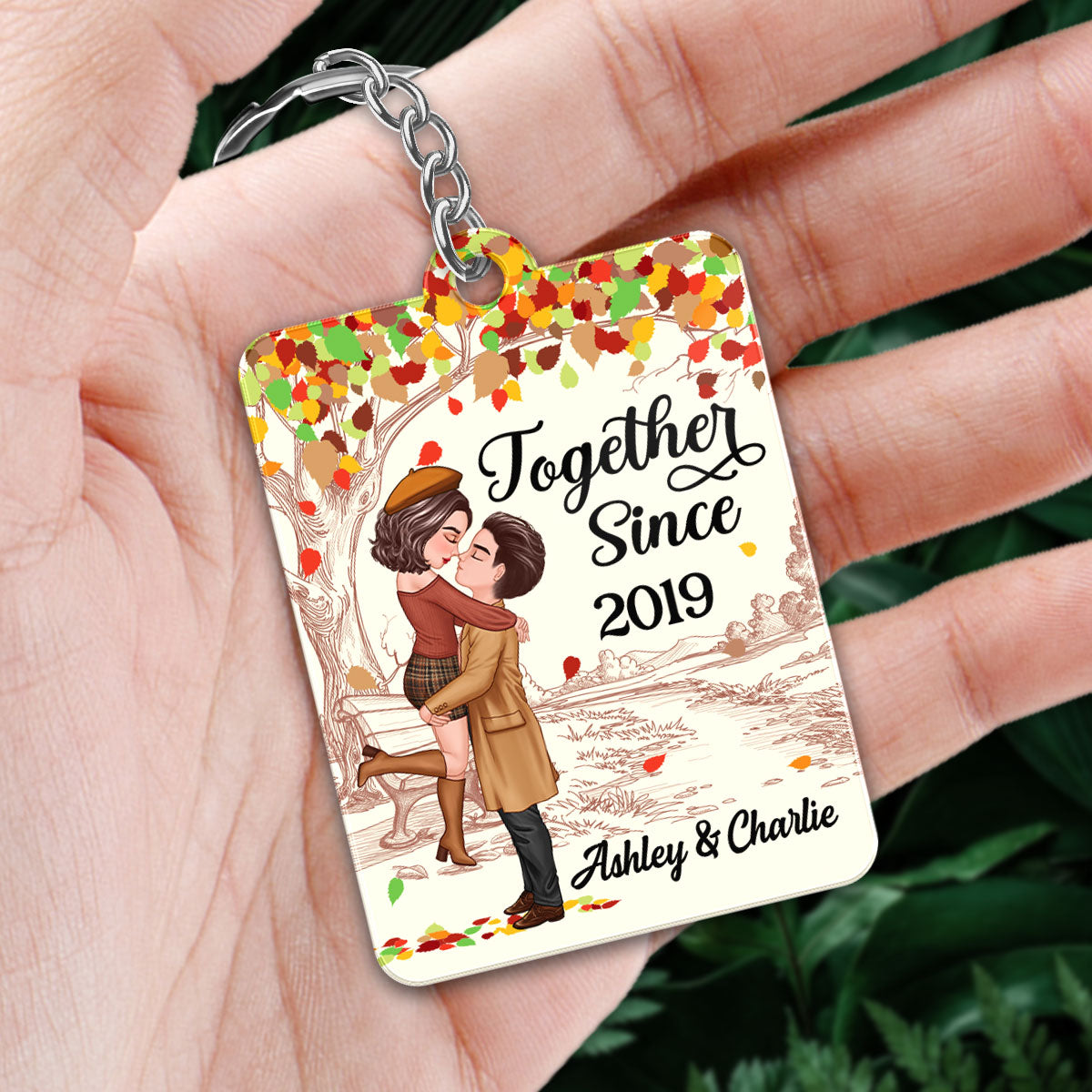 Doll Couple Kissing Under Fall Season Tree Favorite Song QR Code Personalized Acrylic Keychain