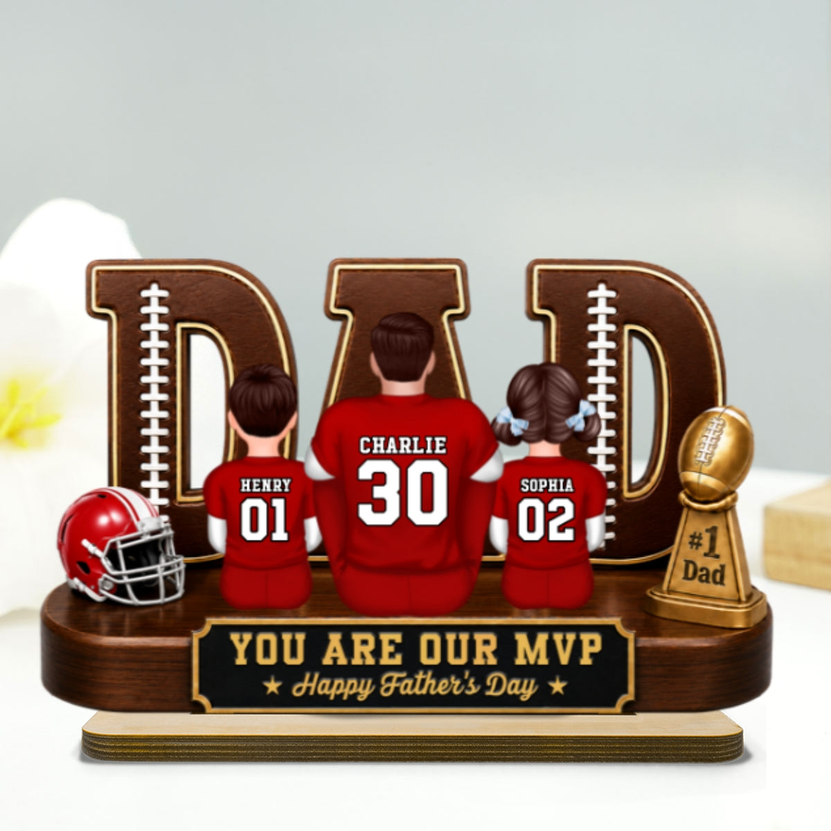 American Football Dad Legend Daddy's Dream Team - Personalized 2-Layered Wooden Plaque - Unique Trending Father's Day Gift For Dad, Husband, Football Fans
