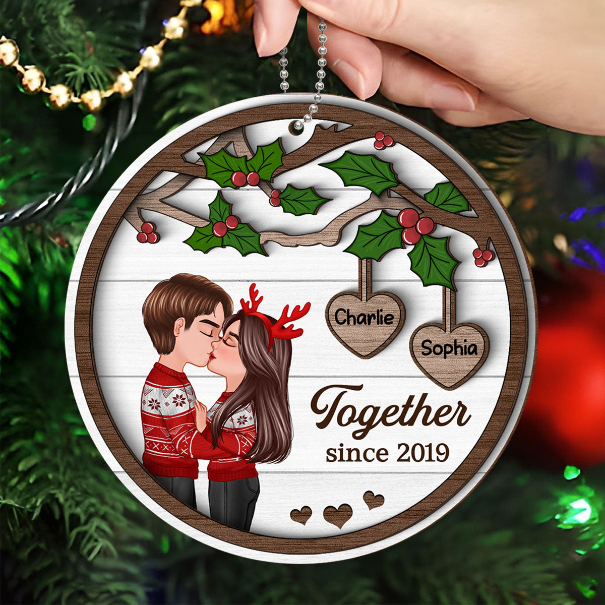 Couple Kissing Under Mistletoe Personalized 2-Layer Wooden Ornament, Christmas Gift For Him, For Her