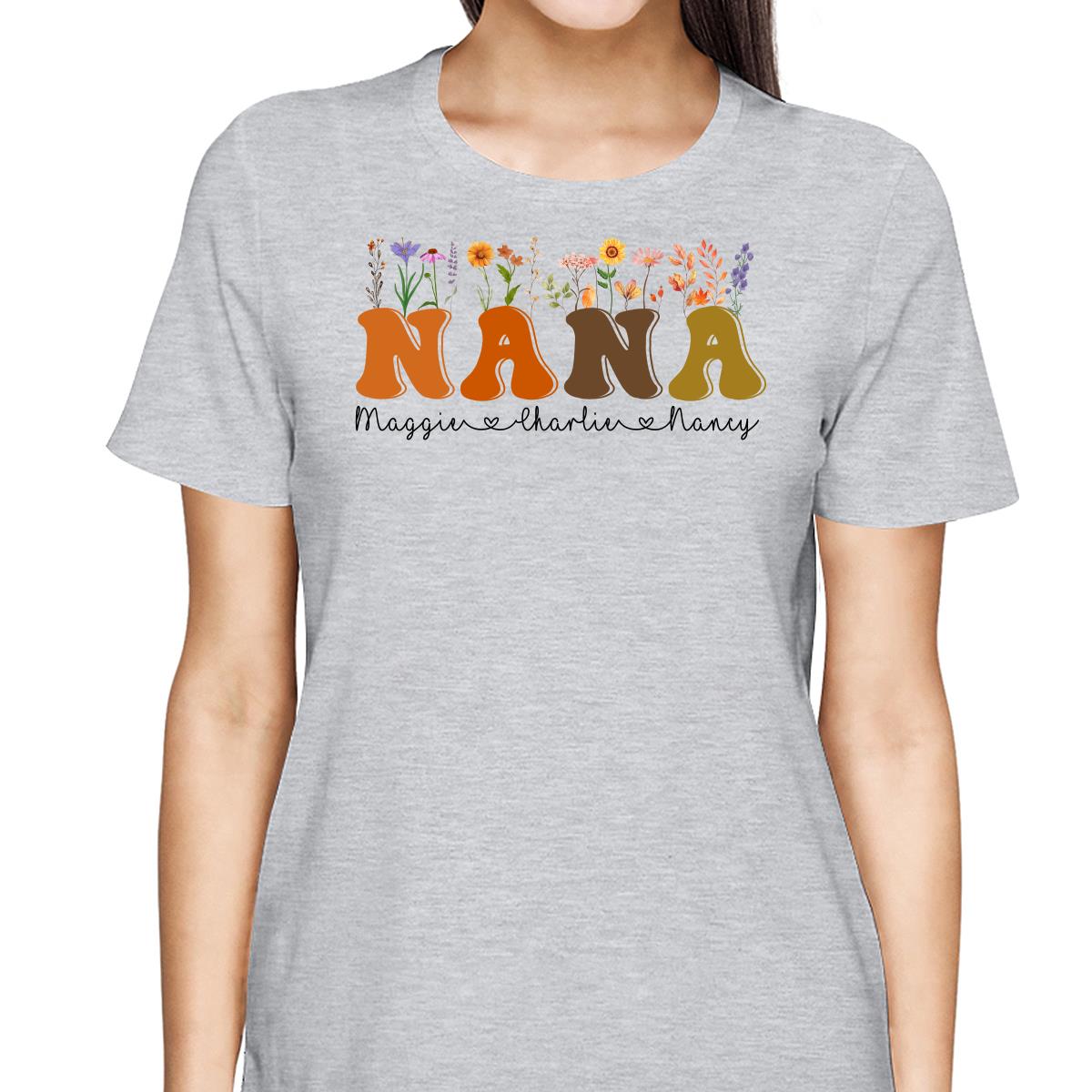 Fall Autumn Flowers Leaves On Text Grandma Mom Personalized Shirt