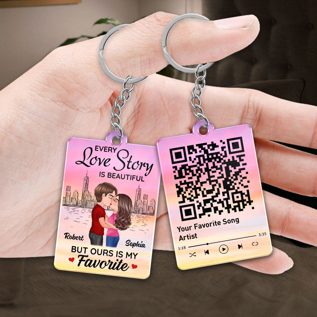 Skyline Doll Couple Kissing Favorite Song Scannable QR Code Personalized Acrylic Keychain