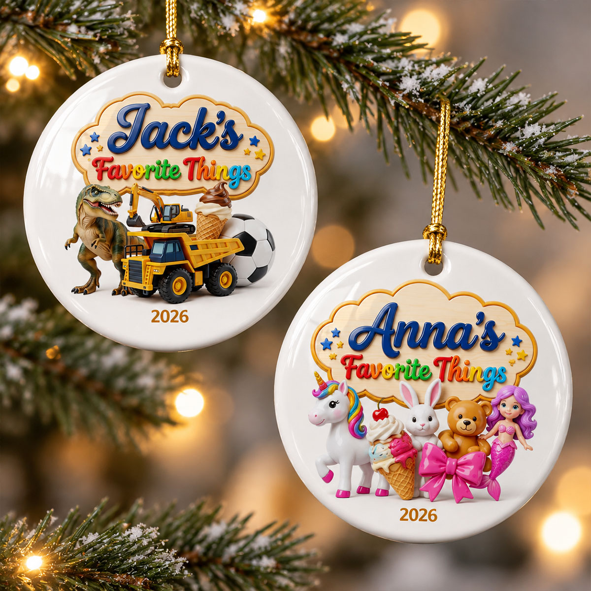 Kid's Favorite Things 2D Flat Printed - Personalized Ceramic Ornament - Custom Name & Favorite Things Keepsake Gift for Kids