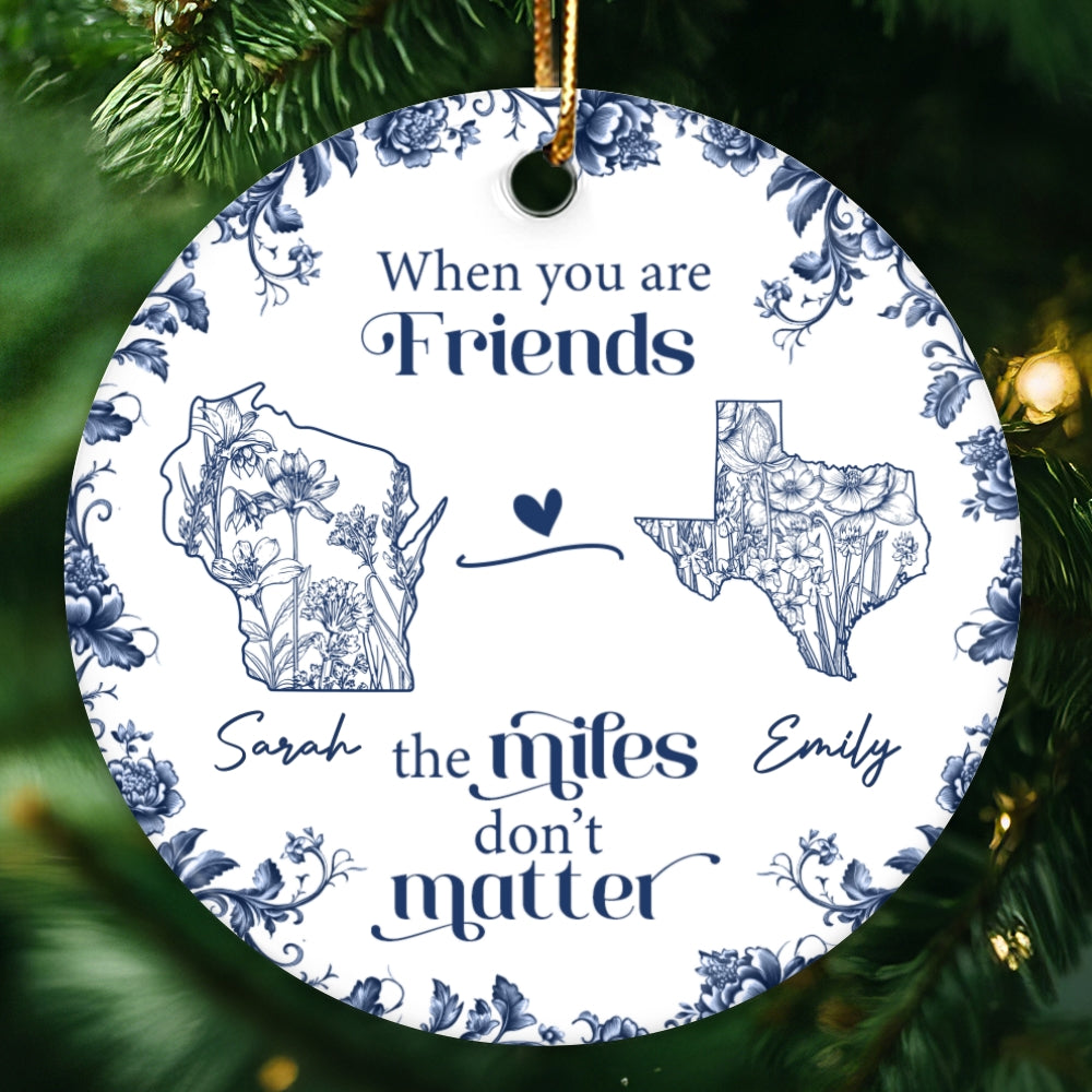 Blue Floral State Map Personalized Long Distance Friendship Ornament, Long Distance Best Friend Gift Moving Away Gift