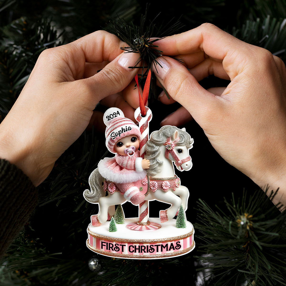 Baby's First Christmas Cute Baby On Carousel Horse Personalized Acrylic Ornament, New Parents Keepsake, Gift For Newborn