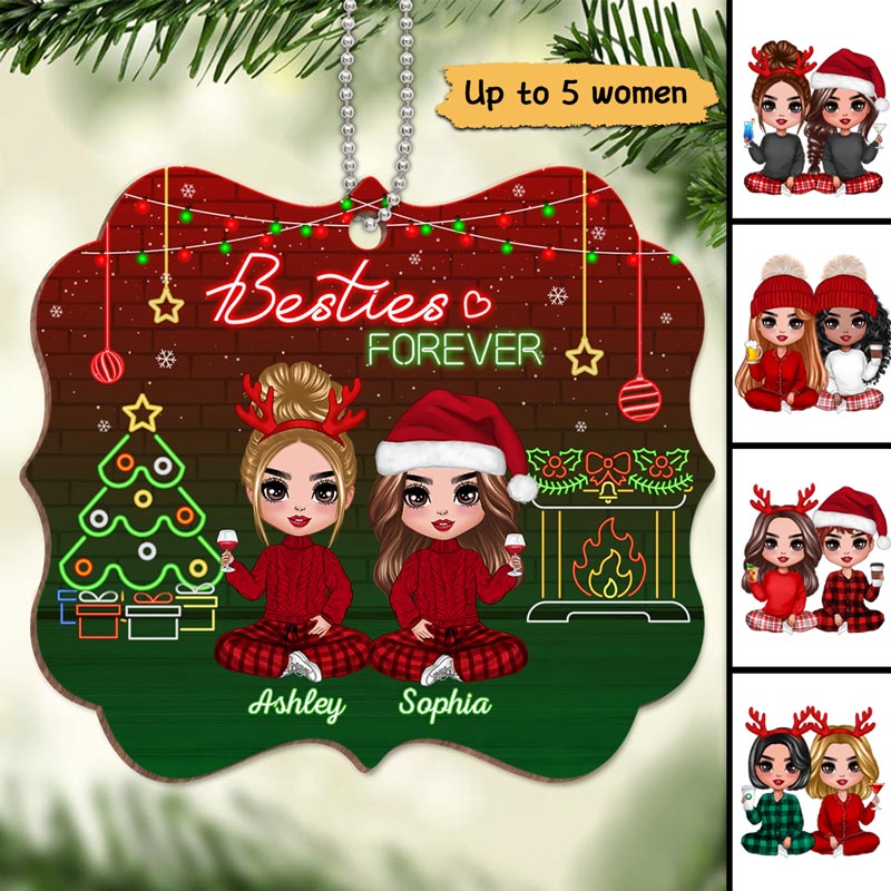 Doll Besties Sisters Neon Christmas Personalized Wooden Ornament