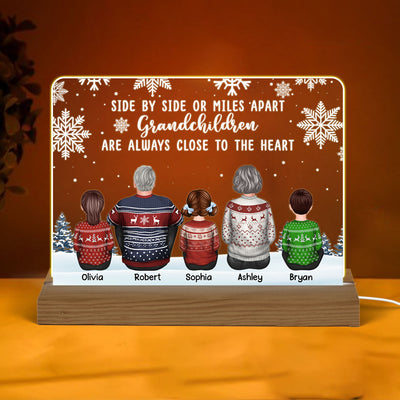 Back View Grandpa Grandma Grandkids Side By Side Snow Personalized Custom Shape Acrylic Plaque Warm LED Night Light
