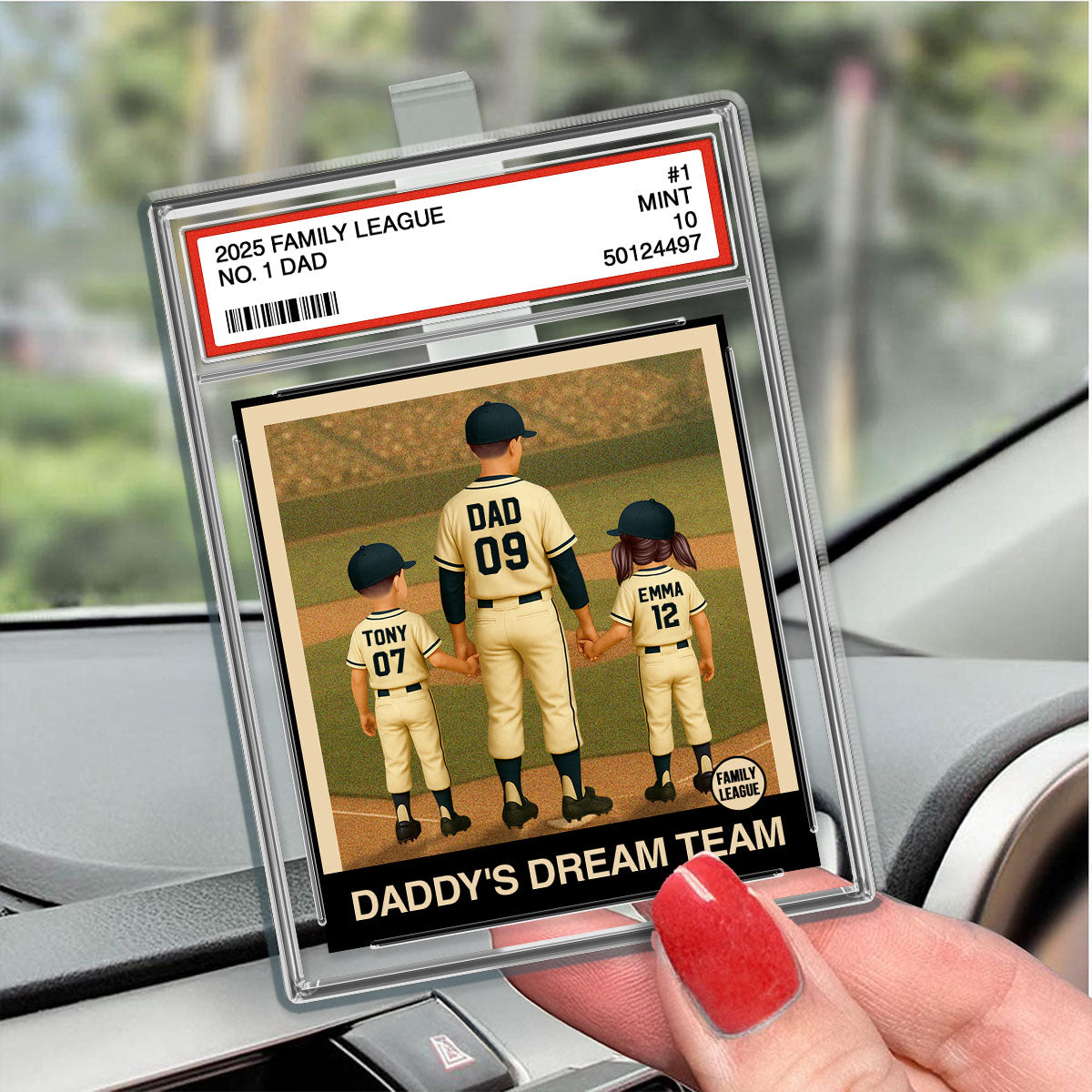 Baseball No. 1 Dad Man & Kids Trading Card Style Personalized Acrylic Car Visor Clip