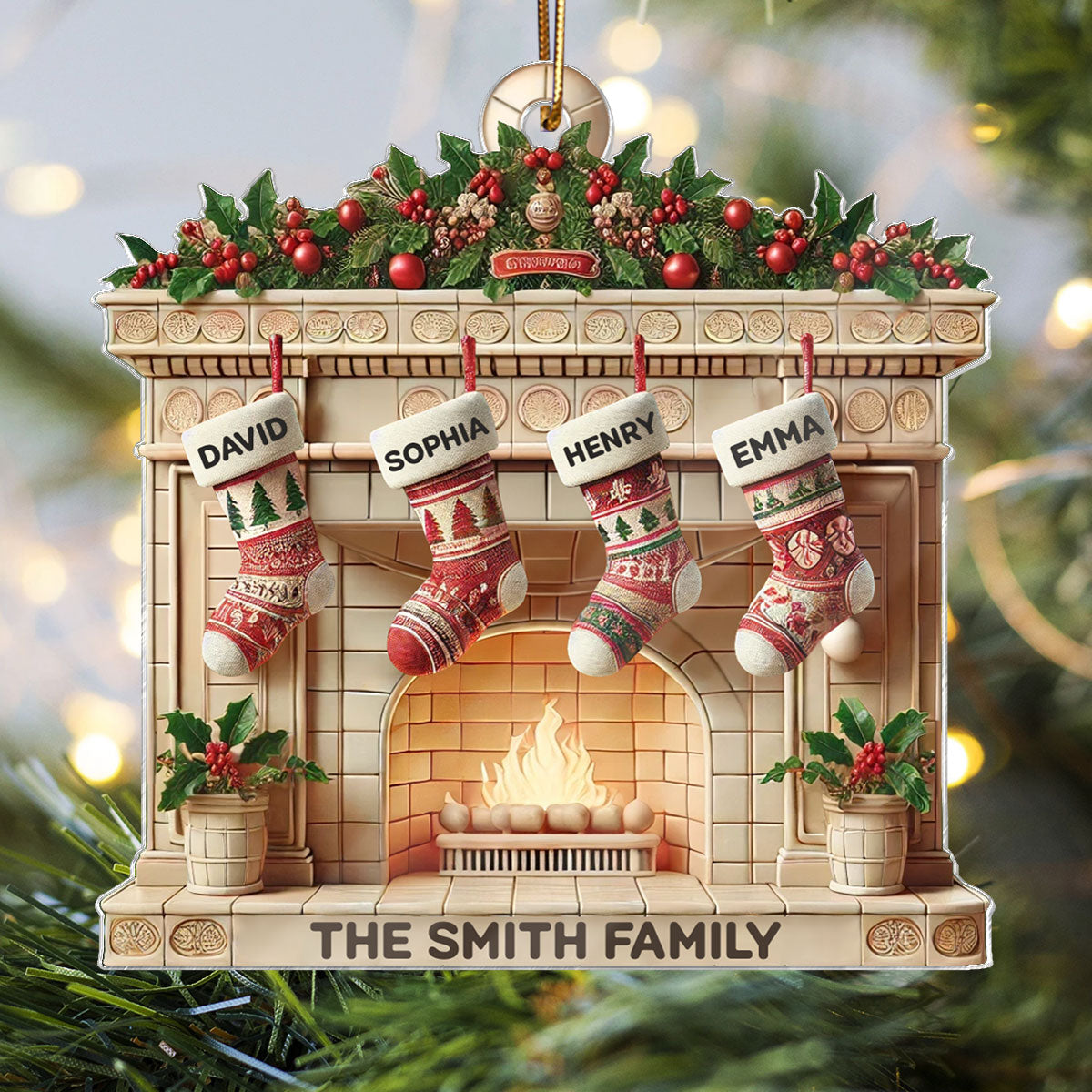 Christmas Retro Fireplace Family Christmas Stockings On Mantel 3D Effect Personalized Acrylic Ornament