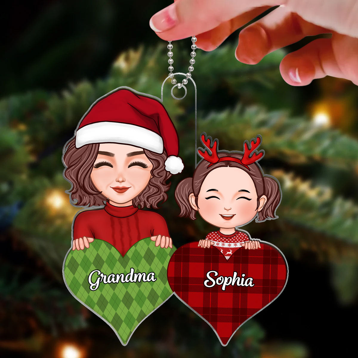 Pretty Grandma & Grandkid Peeking On Pattern Heart Christmas Gift For Grandson Granddaughter Personalized Acrylic Ornament