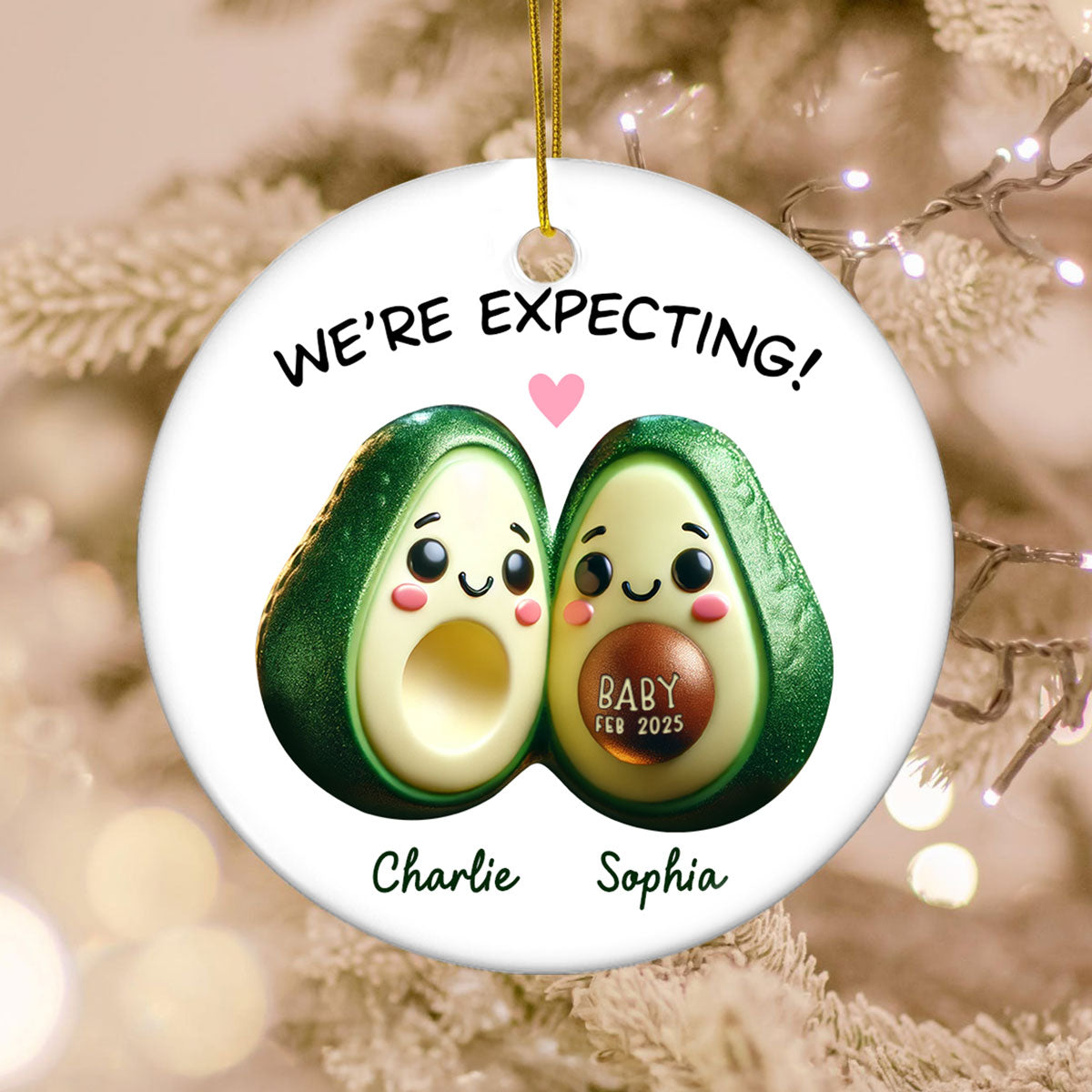 Avocado Couple Expecting Parents Pregnancy Announcement 3D Effect Keepsake Personalized Ceramic Flat Ornament