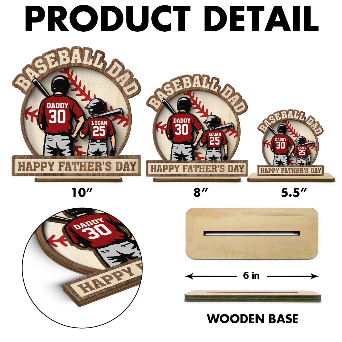 Baseball Family Back View Personalized 2-Layered Standing Wooden Plaque, Father's Day gift for Dad, for Husband