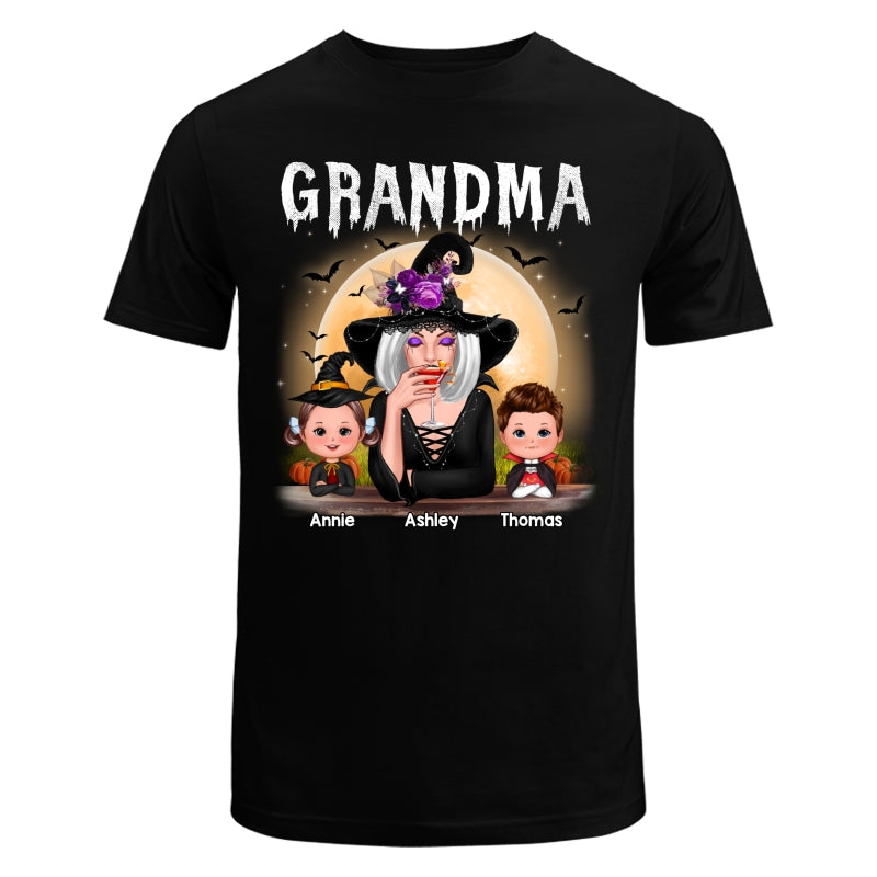 Grandma Mom Witch With GrandKids Halloween Personalized Shirt (Dark Color Shirt)