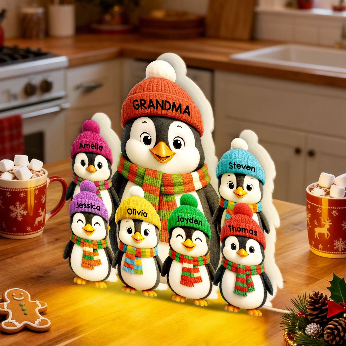 3D Effect Heartwarming Christmas Penguins Grandma Grandkids - Personalized Light Box