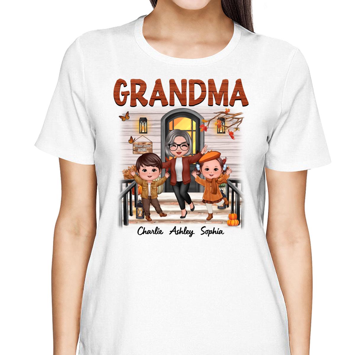 Fall Season Happy Doll Grandma And Grandkids Front Porch Personalized Shirt