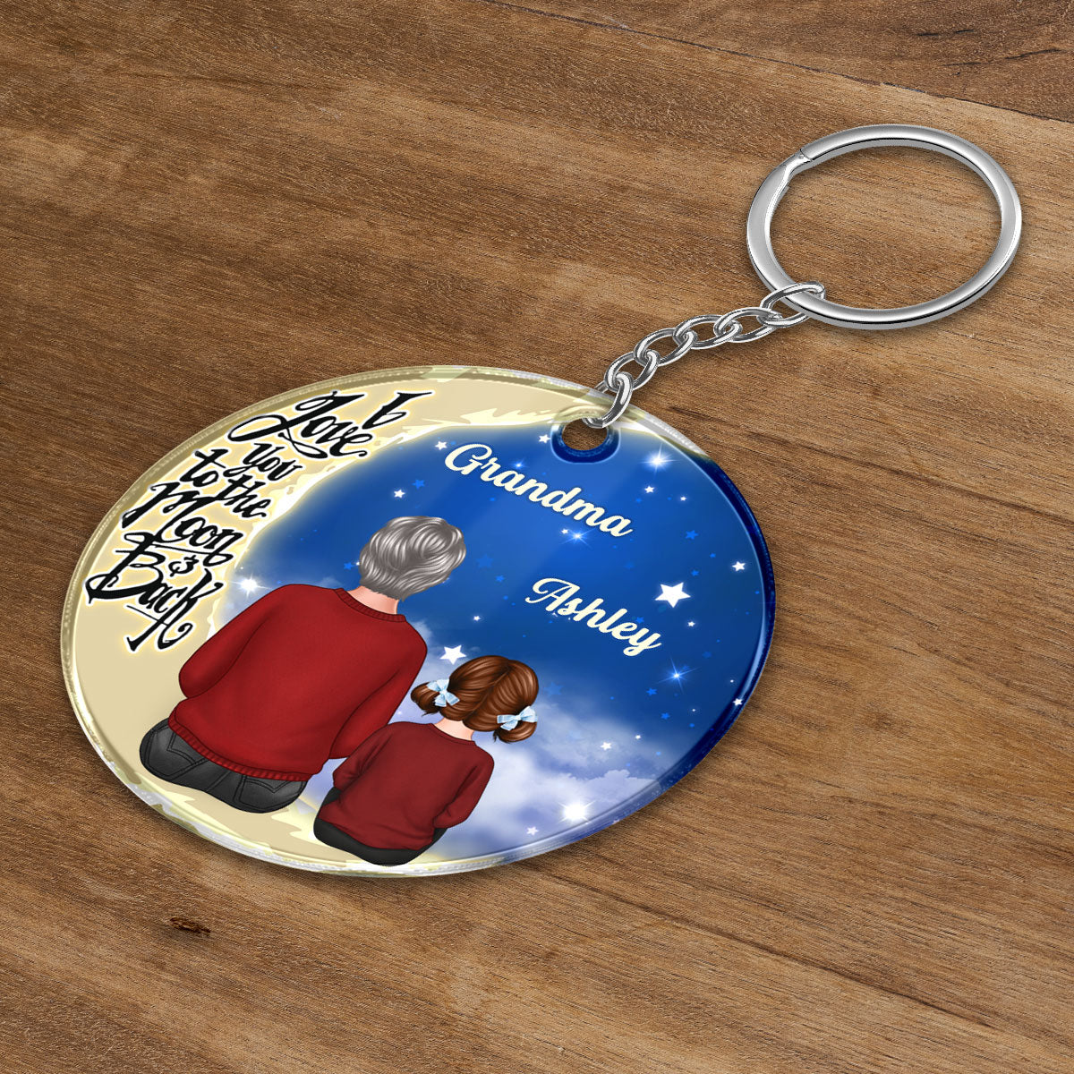 Grandma Grandkids On Moon Personalized Circle Acrylic Keychain - Gift For Grandma