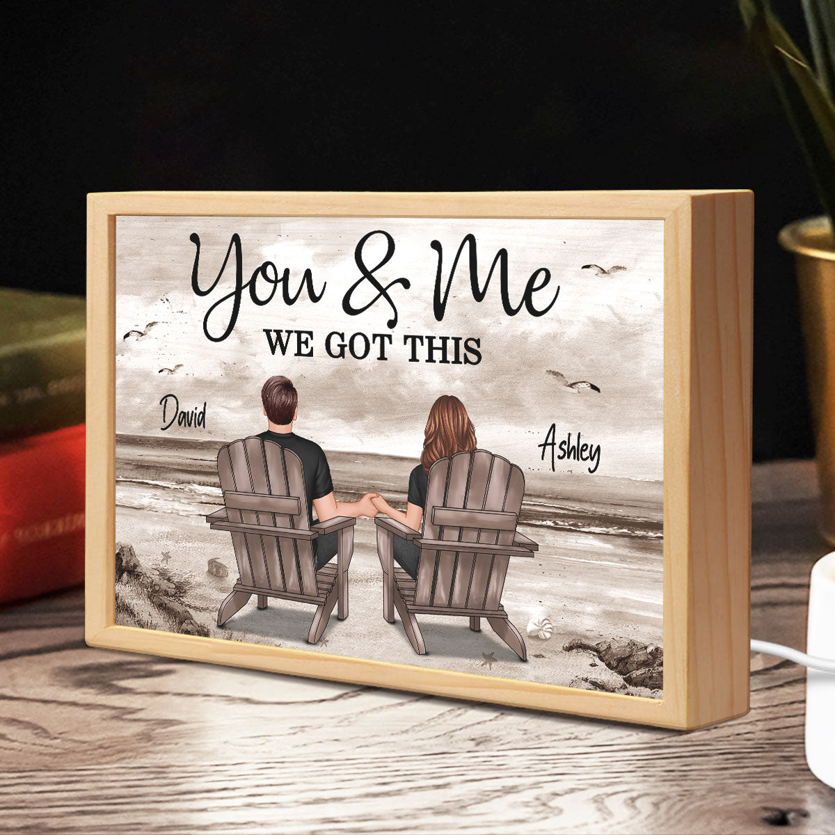 Back View Couple Sitting Beach Landscape Personalized Wooden Frame Light Box