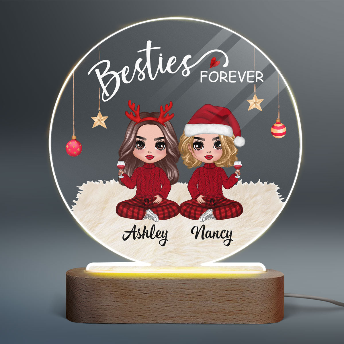 Doll Besties Christmas Checkered Pants Personalized Circle Acrylic Plaque LED Night Light