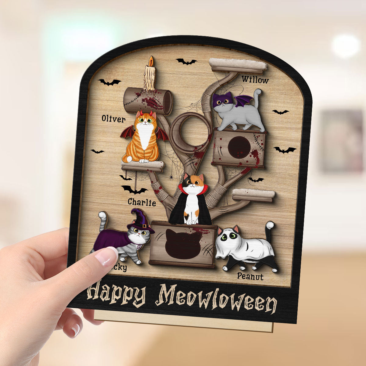 Halloween Cat Tree Cat Lover Tier Tray Decor Personalized 2-Layer Standing Wooden Plaque