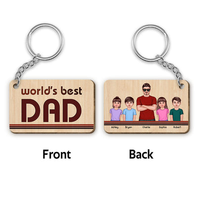 World‘s Best Dad Red Brown Black Line Dad And Kids Standing Front View Personalized Wooden Keychain